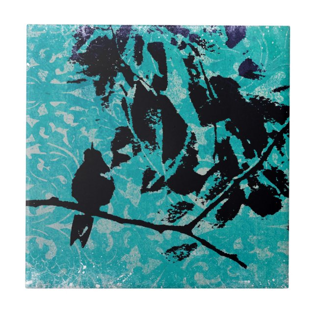 Kolibri-Silhouette auf blauem Grunge-Hintergrund Fliese (Vorderseite)