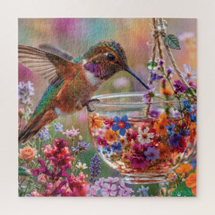 Kolibri trinkt Nektar aus floraler Teetasse Puzzle