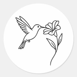 Kolibri und Blume – Minimalistische schwarze Linie Runder Aufkleber