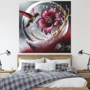 Kolibri und Blumendetails mit Edelsteinakzenten Leinwanddruck