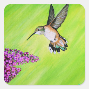 Kolibri- und Flieder-Gemälde Quadratischer Aufkleber
