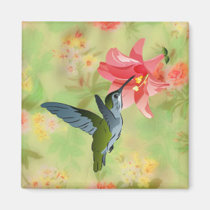 Kolibri und rosa Lilie auf Blumenmuster Magnet