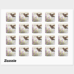 Kolibri und Wildblumen Digitale Kunst Akzent Pi Quadratischer Aufkleber