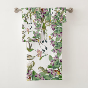 Kolibri-Vogel-Orchideen-Blumen-Bad-Tuch-Set Badhandtuch Set