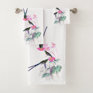 Kolibri-Vogel-Rosa-Blumen-Bad-Tuch-Set Badhandtuch Set