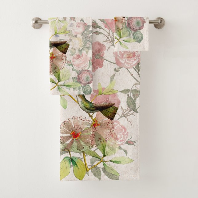 Kolibri-Vogel-Rosen-Blumen-Bad-Tuch-Set Badhandtuch Set (Insitu)