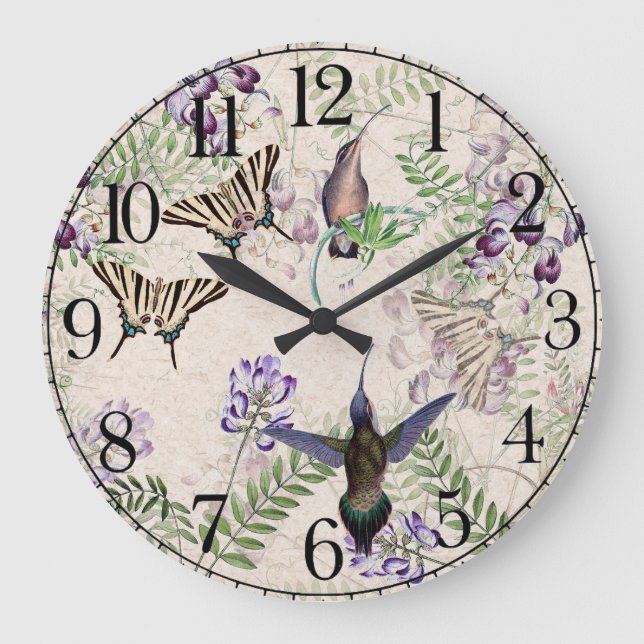 Kolibri-Vogel-Schmetterlings-BlumenWanduhr Große Wanduhr (Vorderseite)