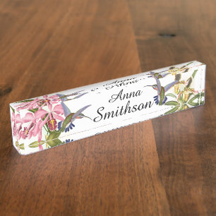 Kolibri-Vogel-Tier-Orchideen-Blumen mit Blumen Namensplakette