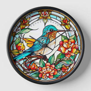 Kolibri-Wandbild im Bleiglasstil Uhr