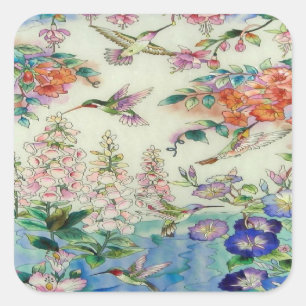 Kolibris und beflecktes Glas wow der Blumen Quadratischer Aufkleber