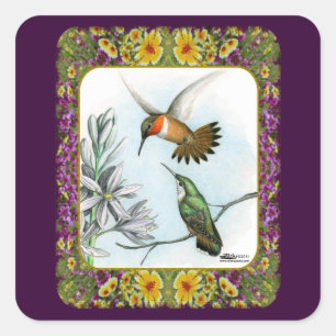 Kolibris und Blumen #2 Quadratischer Aufkleber