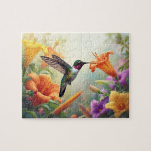 Kolibris und Orange Lilien Gartenszene Puzzle