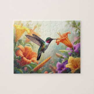 Kolibris und Orange Lilien Gartenszene Puzzle
