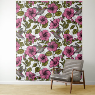 Kolibris und rosa Hibiskusblüten Wandteppich
