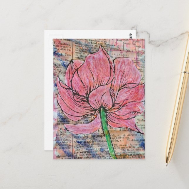 Kollage mit rosa Blume in Mixed-Media-Technik Postkarte (Vorderseite/Rückseite Beispiel)