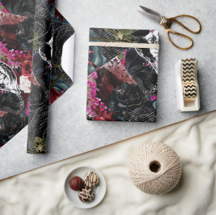 Kollagendesign Gothik Blumen Rot Weiß Schwarze Ros Geschenkpapier