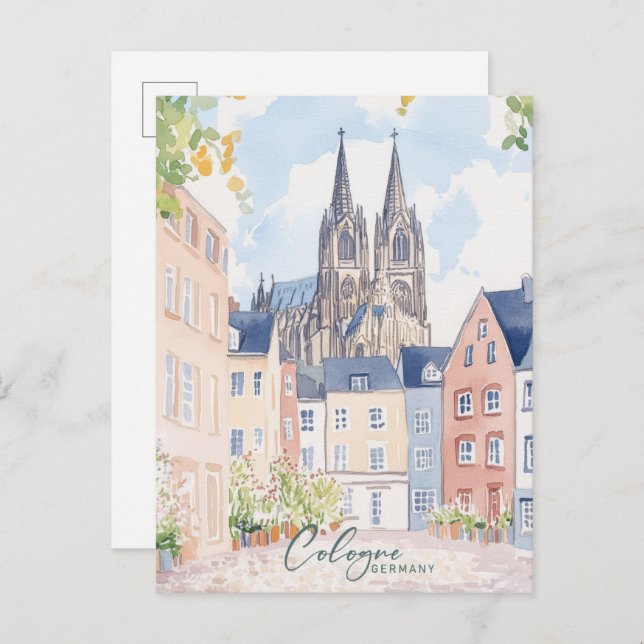 Köln Deutschland Gouache Paint Illustration Travel Postkarte (Vorne/Hinten)