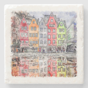 Köln - Handgezeichnete Wasserfarbskizze Steinuntersetzer