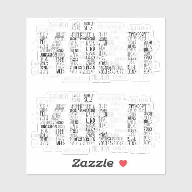 Köln Word Art, Stadtteile Köln Aufkleber (Blatt)