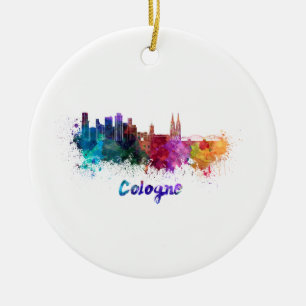 Kölner Skyline in Aquarellfarbe Keramik Ornament