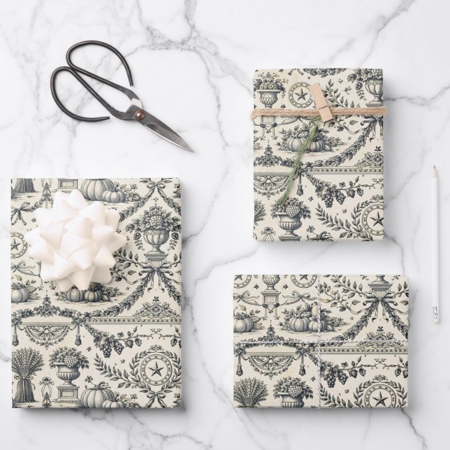 Koloniale Blaue Ernte-Toile Geschenkpapier Set (Vorderseite)