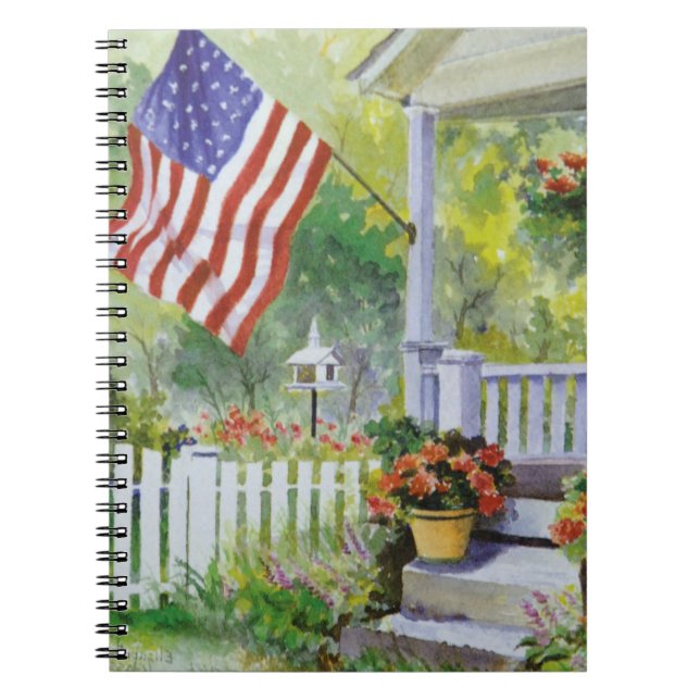 Koloniales Land Zuhause American Flag Front Porch Notizblock (Vorderseite)