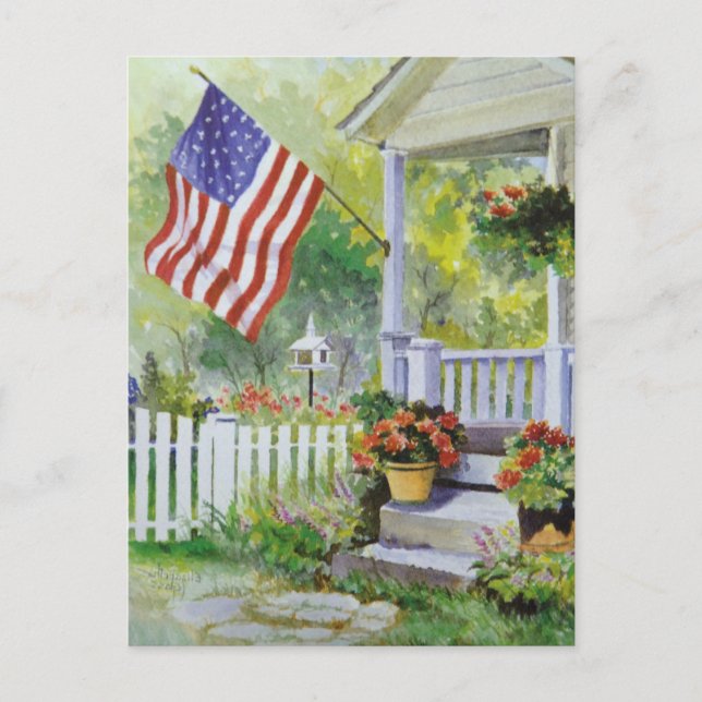 Koloniales Land Zuhause American Flag Front Porch Postkarte (Vorderseite)