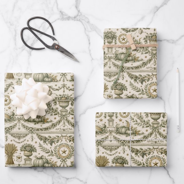 Koloniales Salbeigrün Goldene Ernte Geschenkpapier Set (Vorderseite)