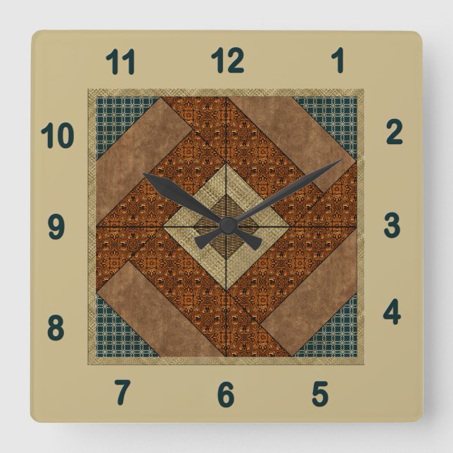 Kolonialpflaster-Quilt-Block-Rost & Dunkelgrün Quadratische Wanduhr (Vorderseite)