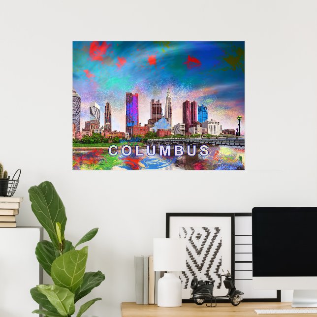 Kolorierte Kolumbus Ohio Skyline Abstrakte Kunst Poster (Heimbüro)