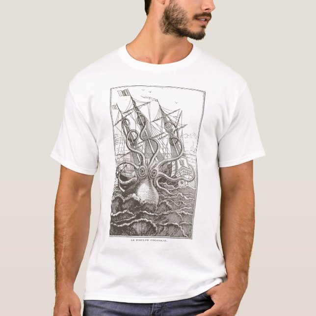 Kolossal Octopus Kraken angreifendes Schiffsmörste T-Shirt (Vorderseite)