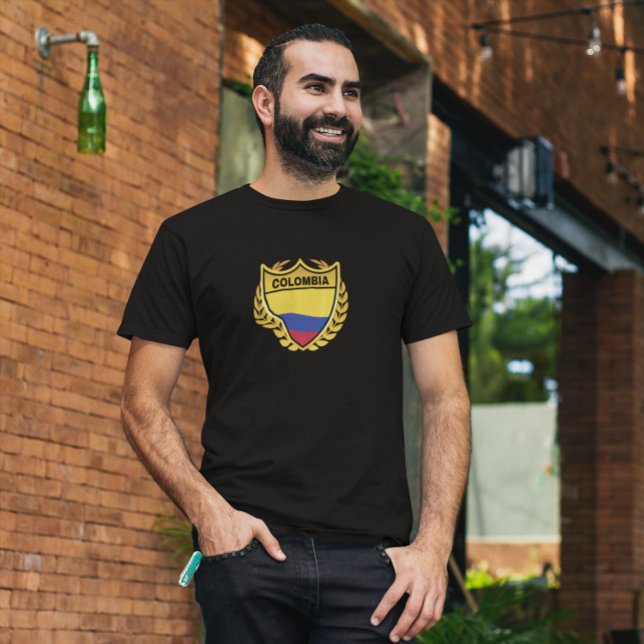 Kolumbien National Flag Gold Wappen Abzeichen T-Shirt (Colombia National Flag Gold Crest Badge T-Shirt)