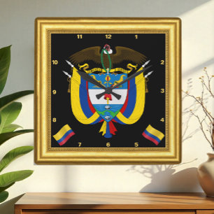 Kolumbien-Uhr, Goldrahmen, Embleme, Vintag Quadratische Wanduhr