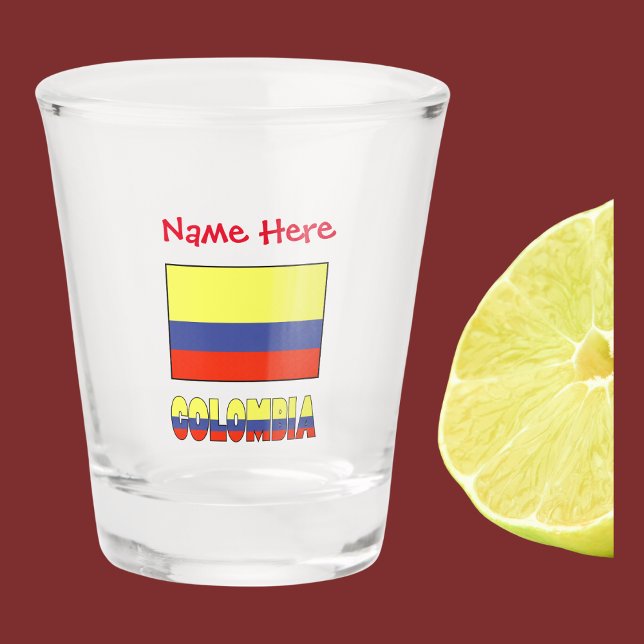 Kolumbien und Kolumbien: Rote Personalisierung unt Schnapsglas (The Colombian flag on a shot glass with the word COLOMBIA below in the flag colors. Add  name above.)