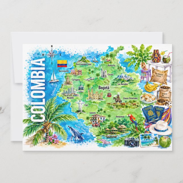 Kolumbien-Wasserfarben-Reisekarten-Postkarte Einladung (Vorderseite)