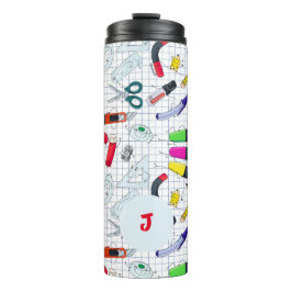 Komisches Design mit Schulbedarf. Benutzerdefinier Thermosbecher