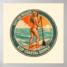 Komm an Bord SUP Pinup Paddleboard Retro Surf Shop Poster