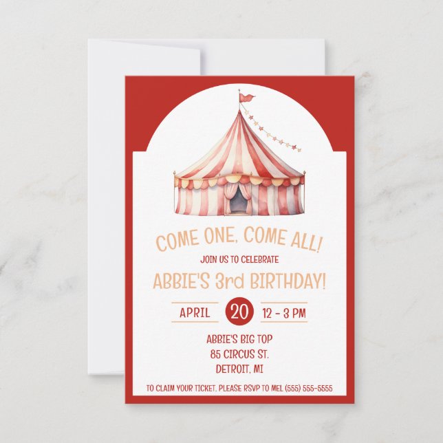 Komm eins, komm alle! Circus Tent Birthday Party Einladung (Vorderseite)