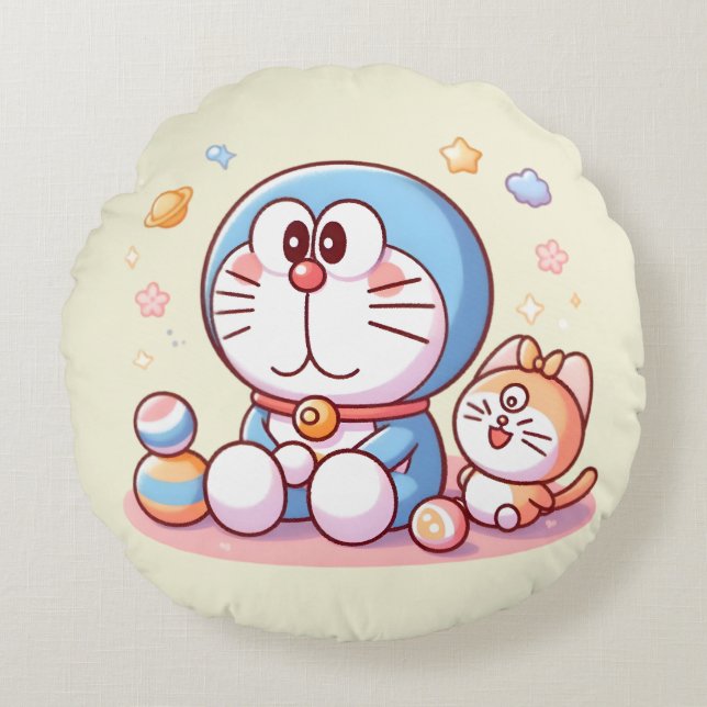 Komm Komm Katze und Doraemon Rundes Kissen (Vorderseite)