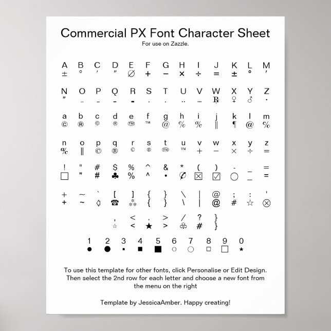 Kommerzielle PX-Schriftzeichen-Tabelle für Zazzle Poster (Vorne)