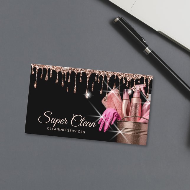 Kommerzielles Haus Reinigung Wohnraum Visitenkarte (cleaning bucket full of cleaning tools, hot pink color on black background)