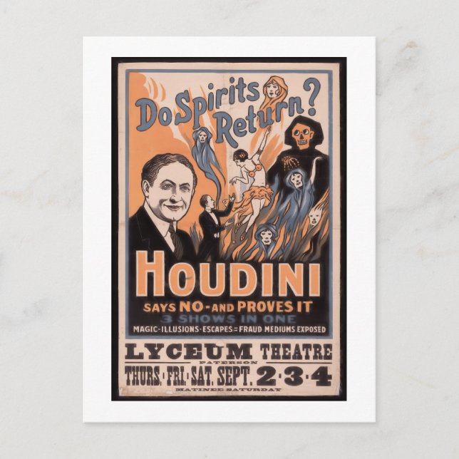 Kommt es wieder zu Geistern? Houdini sagt nein Postkarte (Vorderseite)