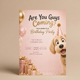 Kommt ihr? Lustiger Hund mit rosa Schamröte zum Ge Einladung