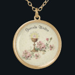 Kommune Gastgeber Rosa Blume Chalice Lace Vergoldete Kette<br><div class="desc">Dies ist ein wunderschönes,  traditionelles katholisches Bild des Heiligen Wirts (Kommunion) über dem Kalice mit rosa Blume und einem Spitzen-Hintergrund. Text und Schriftart können geändert werden</div>
