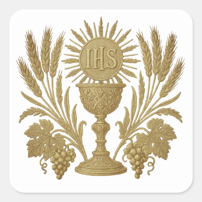 Kommune IHS Chalice Wheat Trauben Eucharistisch Quadratischer Aufkleber (Vorderseite)