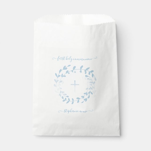Kommunion Blauer Kranz und Kreuz Geschenktütchen (Vorderseite)