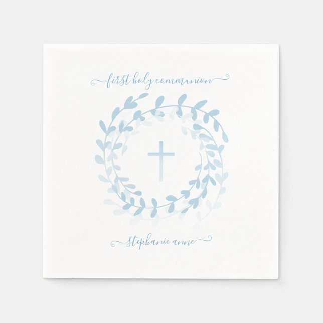 Kommunion Blauer Kranz und Kreuz Serviette (Vorderseite)