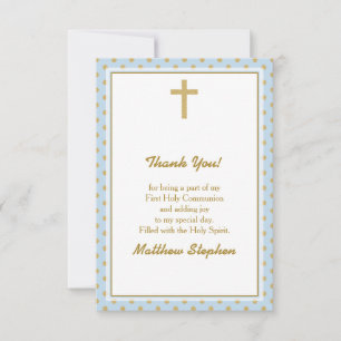 Kommunion Blue mit Gold Polka Dots Einladung