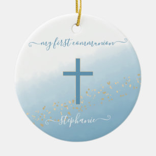 Kommunion Cross Blue Watercolor Gebet Keramik Ornament