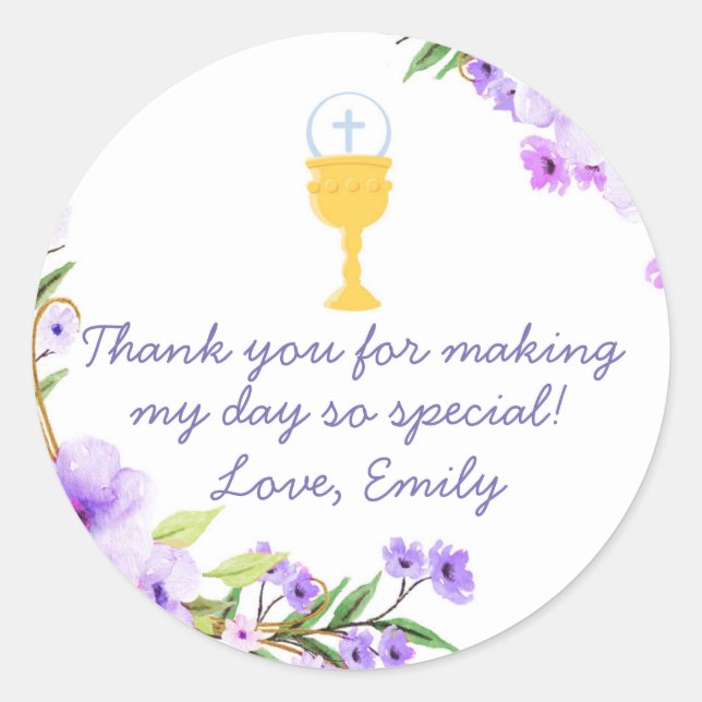 Kommunion Floral Watercolor Geschenksiegel für Gef Runder Aufkleber (Vorderseite)